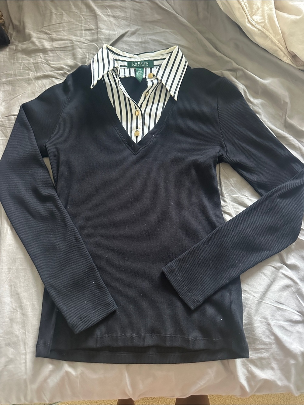 Vintage Lauren Ralph Lauren Navy V‑Neck Sweater with Striped Collar Detail